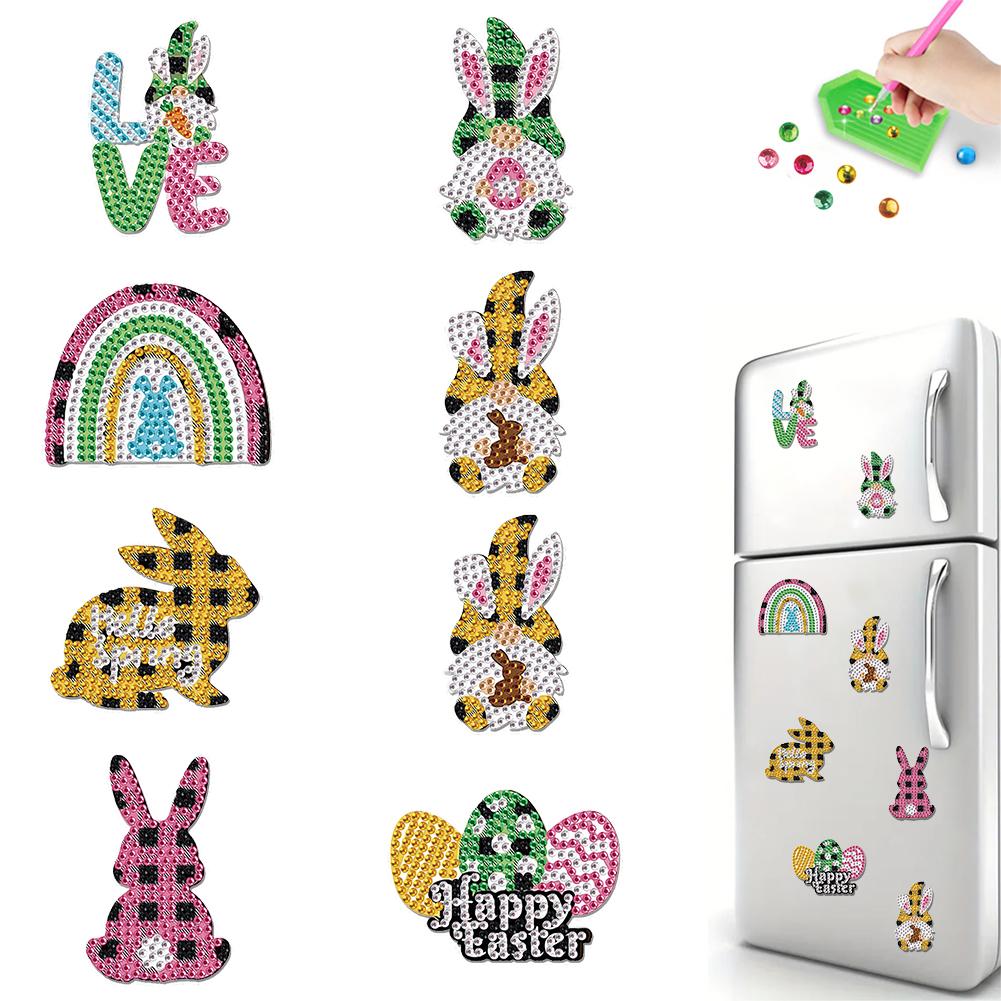 8Pcs Easter Rabbit Diamond Art Fridge Magnet Diamond Art Magnets Decals Diamond Painting Fridge Magnet for DIY Crafts Party Gift