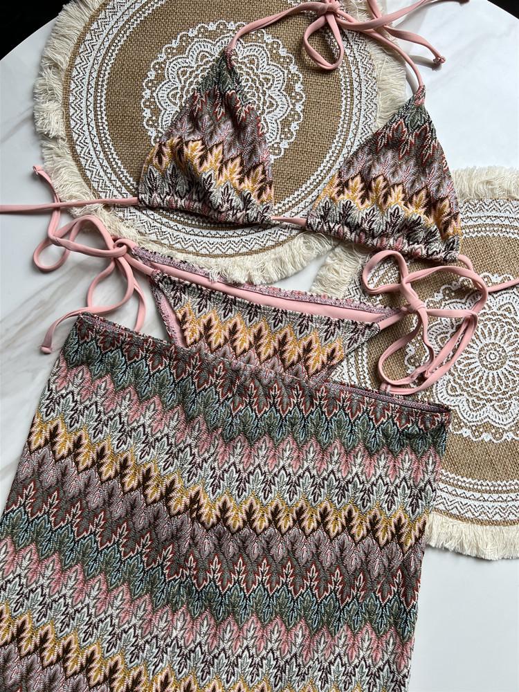 Dámské plavky Barevné javorové listy Pletená sukně k bikinám Třídílná sada Rozdělené plavky Bikini