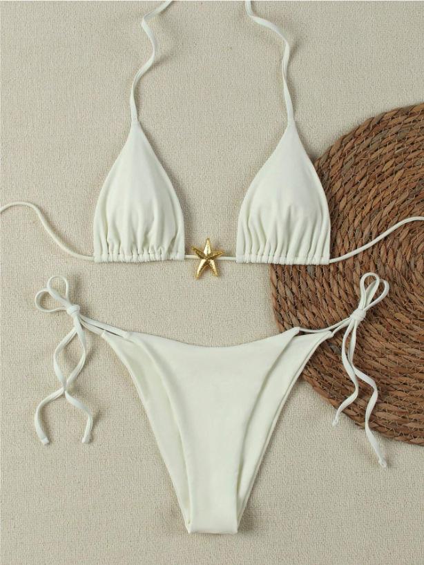 European And American Sexy Fashion Bikini Swimsuit Solid Color Metal Triangular Split Women S Swimming S