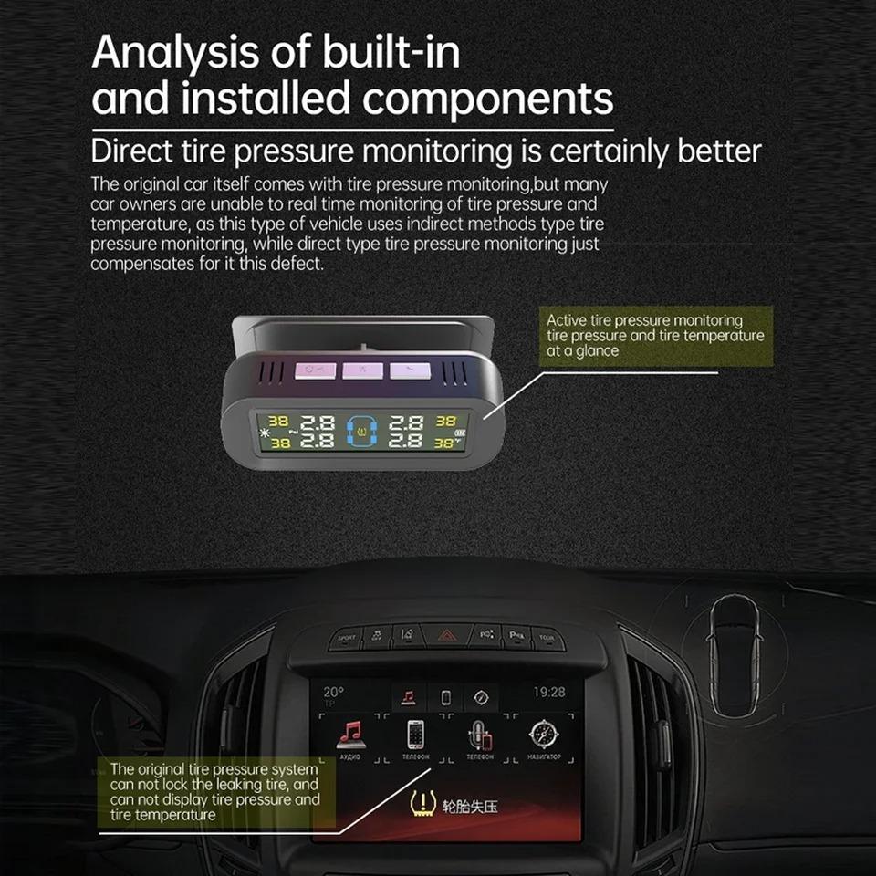 Solar TPMS Tire Pressure Monitoring System Temperature Warning Fuel Save With 4 External Sensors Car Tyre Pressure Monitor