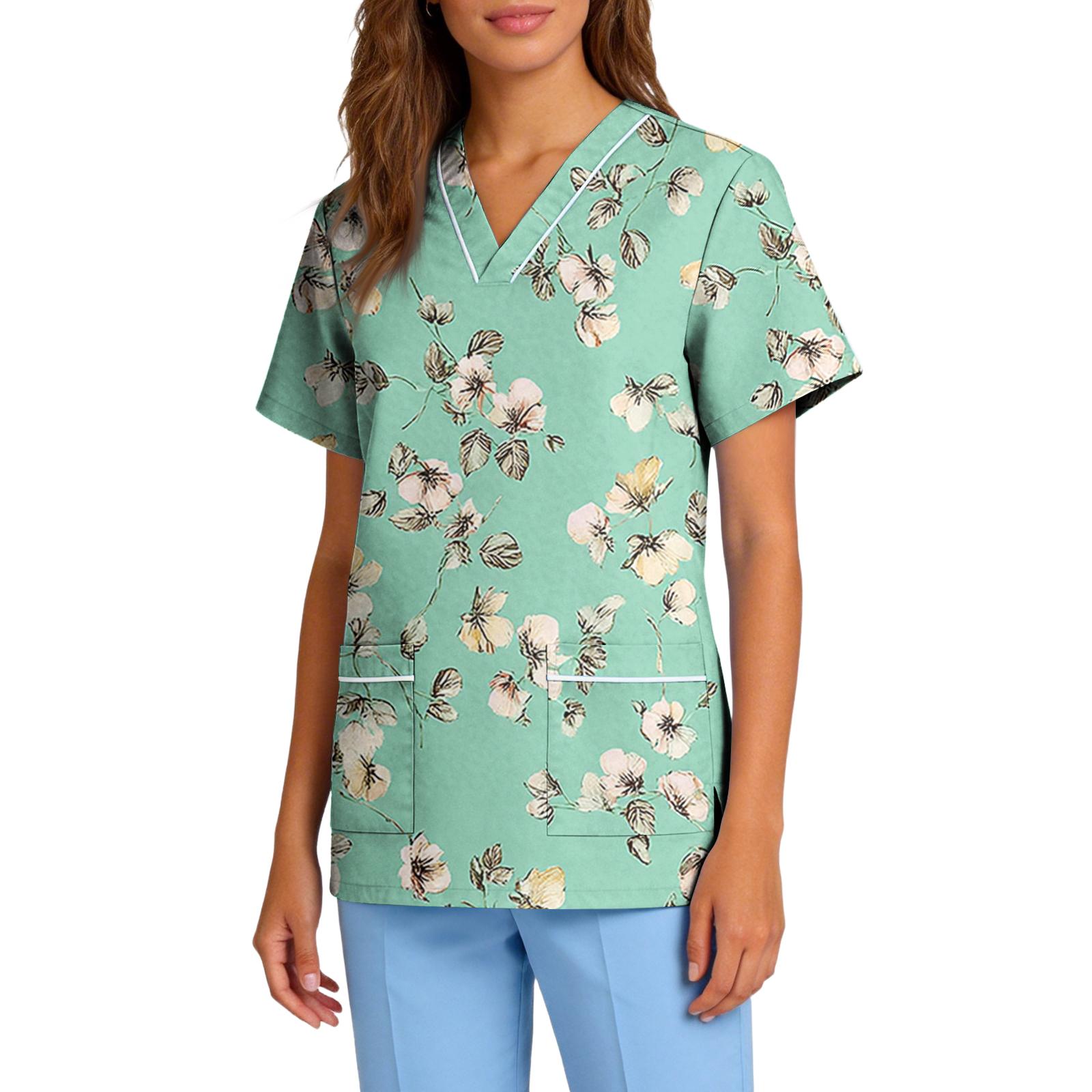 

Women’s Stretch Quick Dry V Neck Short Sleeve Printed Scrub Top with Pockets for Healthcare and Nursing Uniforms XXL