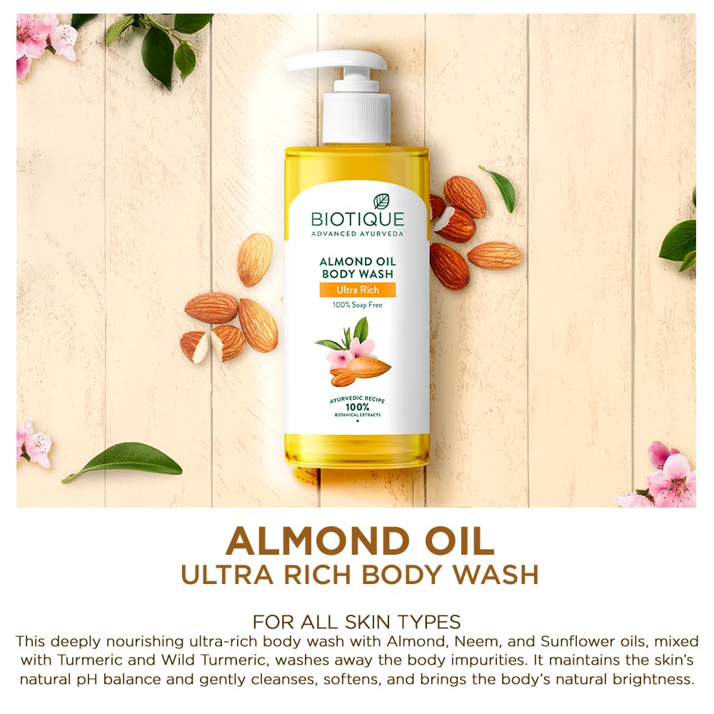Biotique Almond Oil Body Wash 300ml, Ultra Rich Gel for Dark Spot Removal & Even Skin Tone, All Skin Types
