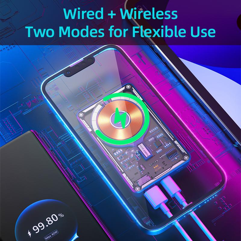 Magsafe Power Bank Portable Battery For Mobile 15w Magnetic Wireless Transparent Led Display 22.5w Wired Fast Charge