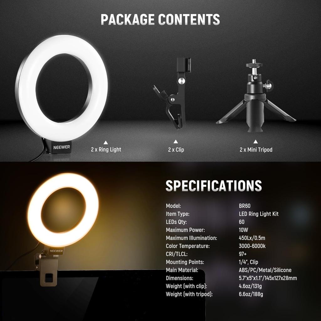 Neewer Basics Ring Set with Clip and Tabletop 10W High USB Compatible with Live Live Zoom Working from and TikTok 5-inch Light, 2-Piece Tripod,