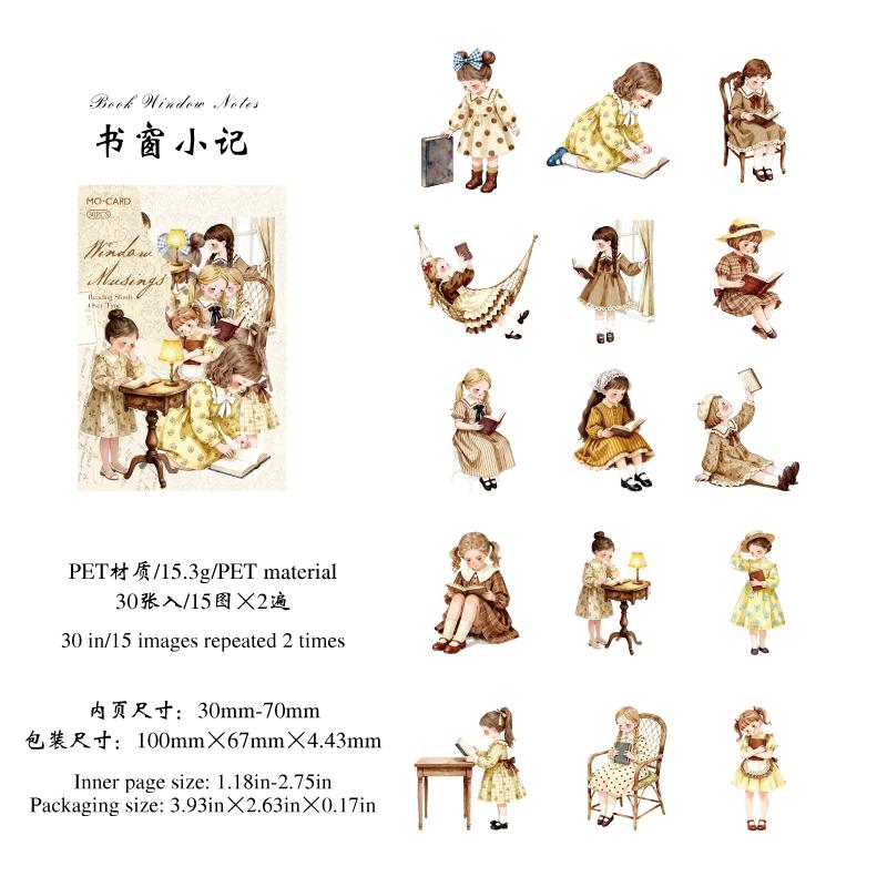 

JIAMEI 30pcs Time Slow Reading Series Kawaii Little Girl PET Stickers DIY Diary Scrapbook Decor Journal Aesthetic Stickers