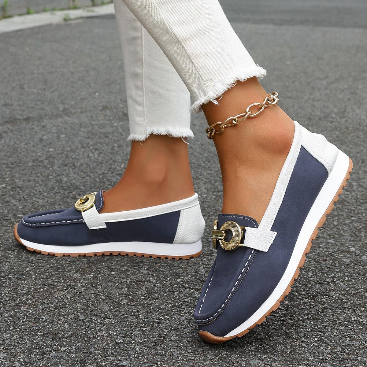 

Женская обувь большого размера, металлическая пряжка, плоская подошва, повседневная, тканевый верх, одинарная обувь, размер 43 43 серый