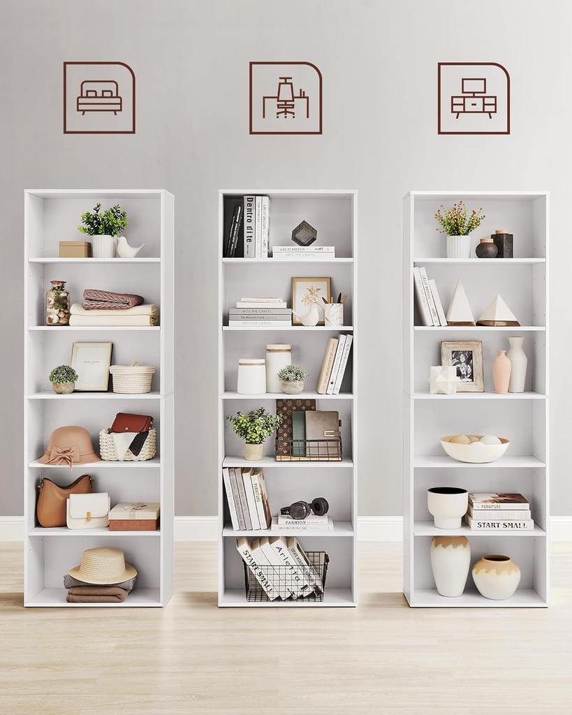 VASAGLE Libreria a 6 Ripiani Scaffale portaoggetti per Soggiorno Ufficio Camera da Letto Studio Stile Scandinavo Stile Scandinavo 24 x 60 x 178,5 cm Bianco