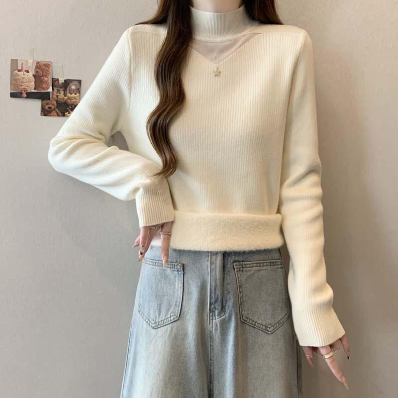 Large size belly cover half turtleneck sweater bottoming shirt women's 1011 autumn and winter new fat MM hollow thin top