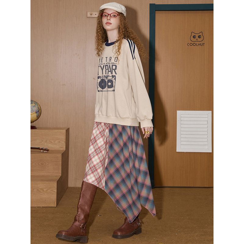 Coolhut Retro Tape Print Crew Neck Sweatshirt 2026 Spring Women's Loose Top Versatile