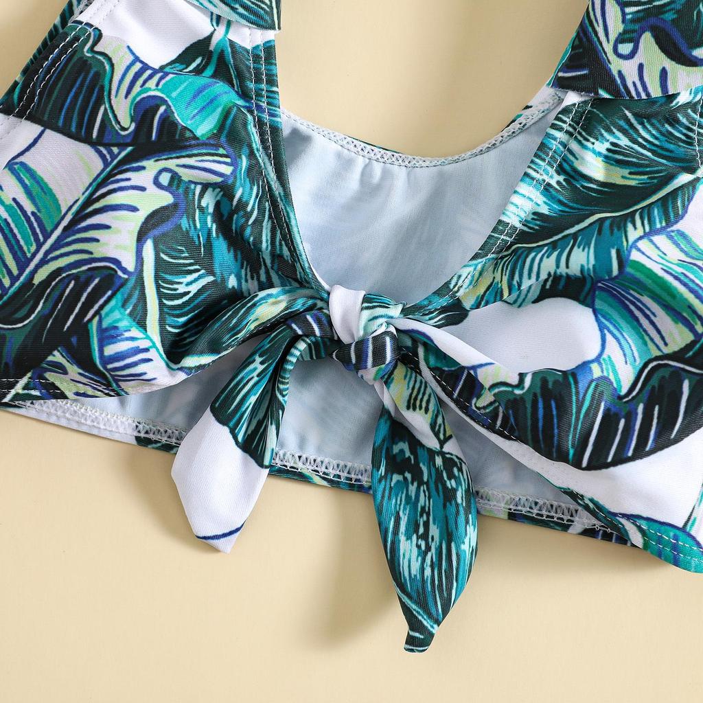 Girls' Green Leaf Print Two-Piece Bikini Set with Sun Protection