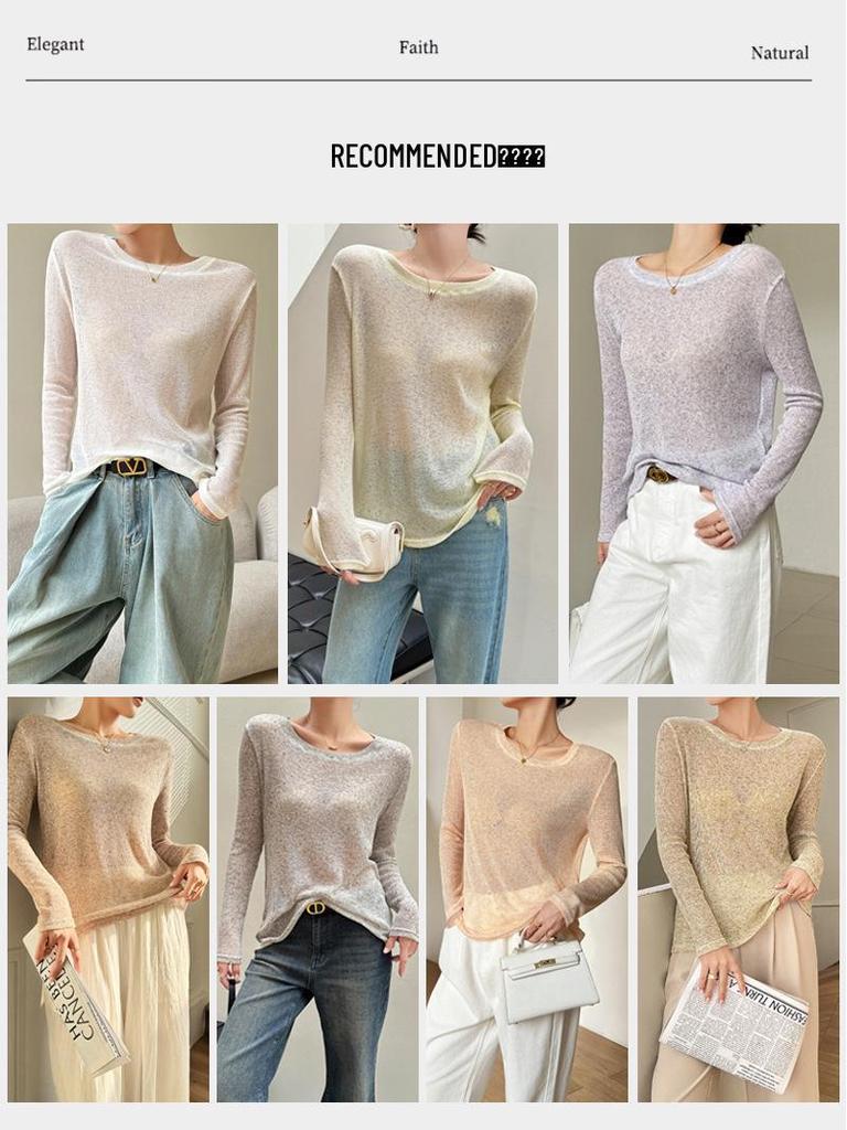 Damen Sommer Locker Gestrickter Sonnenschutz Leinen Überwurf Langarm T-Shirt