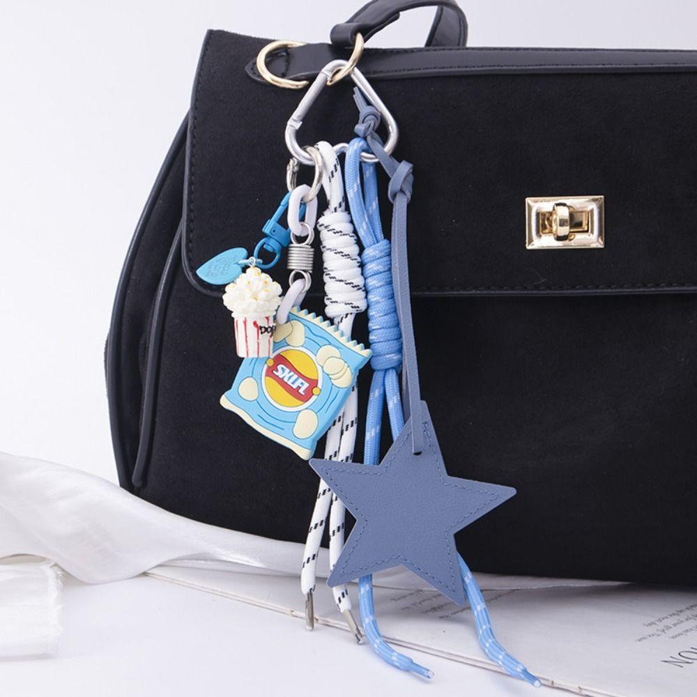 Popcorn Potato Chips Star Shaped Keychain PU Leather Star Keyring  Children Girl