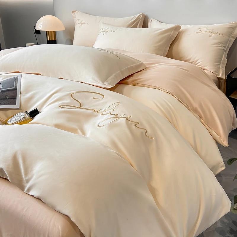 Luxury Embroidery Bedding Set Egyptian Cotton 400TC Duvet Cover Flat Fittedsheet Single Double Queen King Quilt Cover Pillowcase