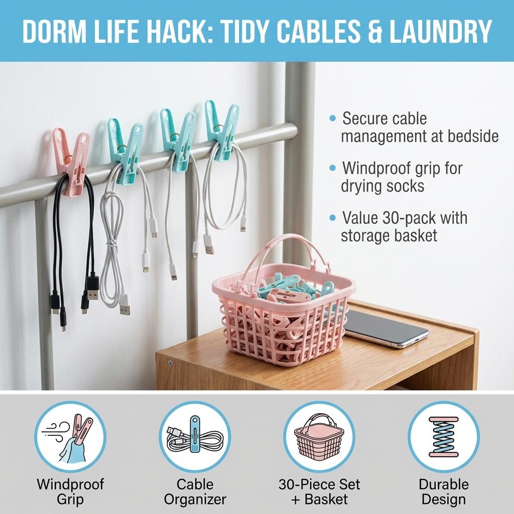 Plastic Clothespins 30 Pcs Strong Grip Anti Wind Durable Clips Multi Laundry Drying and Cable Organizer for Home Dorm Use