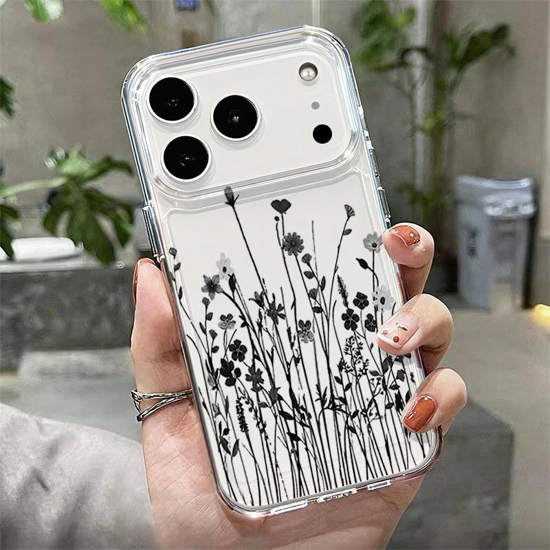 Shockproof Clear TPU Case For iPhone 17 16 Pro 15 14 13 12 Pro Max 11 Transparent Soft Silicone Black Floral Printed Phone Cover
