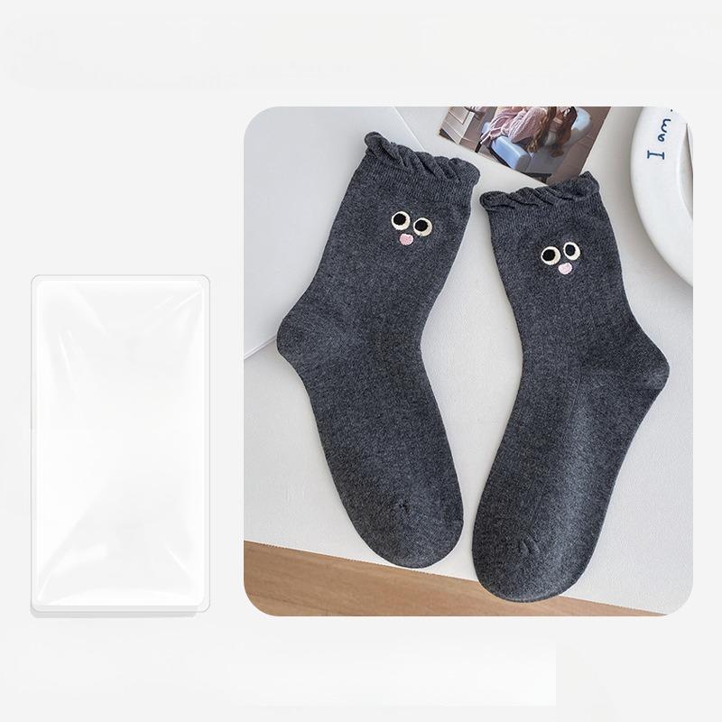 Female Autumn and Winter Pure Color Lovely Playful Big Eyes Embroidery Lace Boneless In Tube Socks