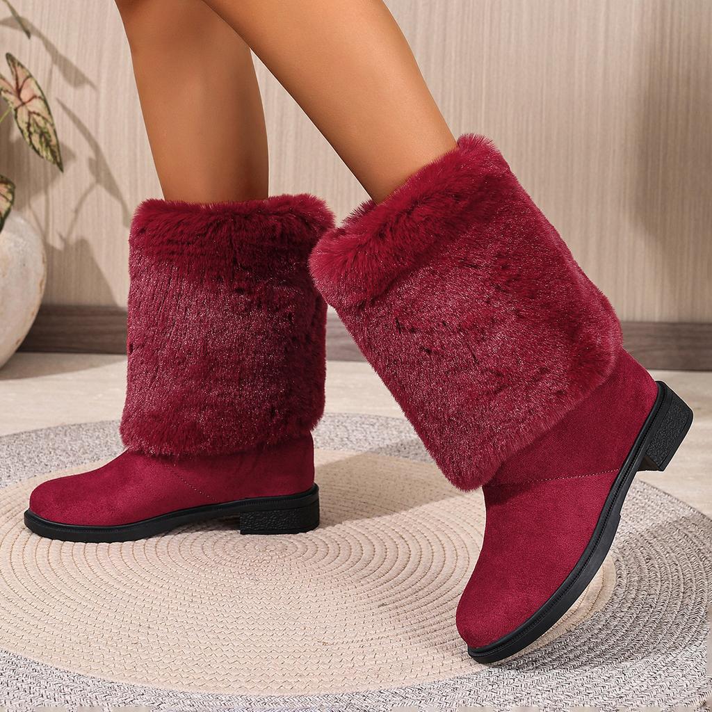 Damen Überweite Pelzige Schneestiefel, Mid-Calf Plateau Winterstiefeletten, Europäischer Stil Warme Stiefel für Damen
