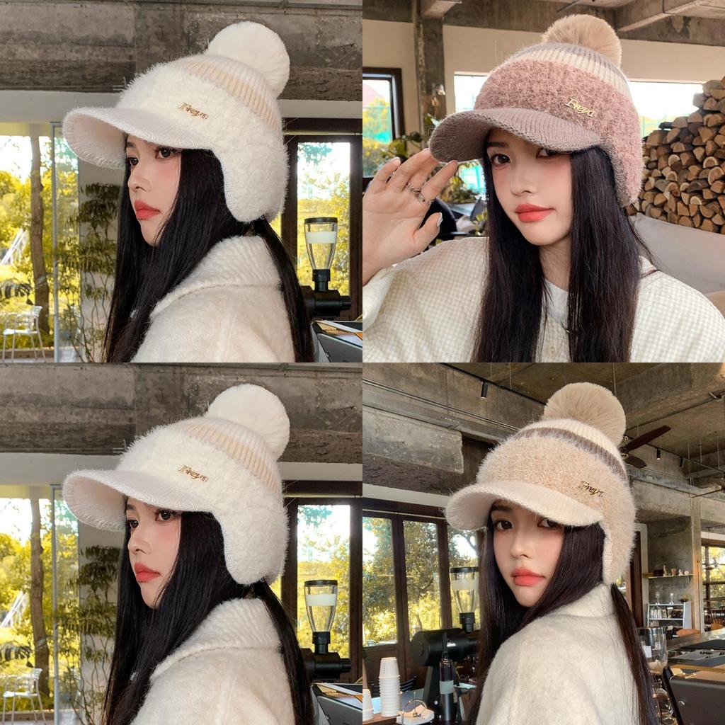 Knit Hat Women Winter Warm Woolen Earmuff Cap With Short Brim For Casual Fashion