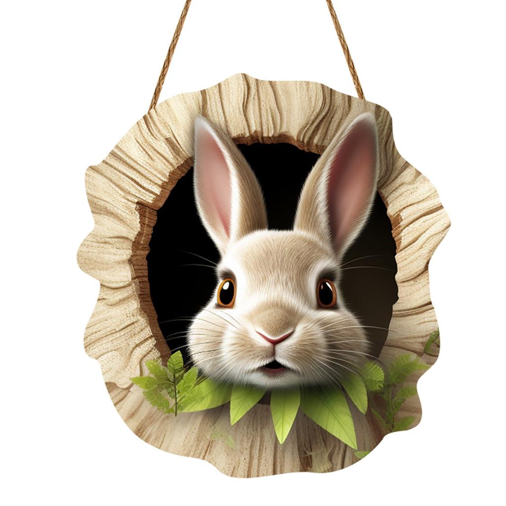 Cute Bunny Hole Wall Stickers Easter Rabbit Door Sign Wooden Rustic Hanging Pendant Welcome Sign Happy Easter Home Decoration