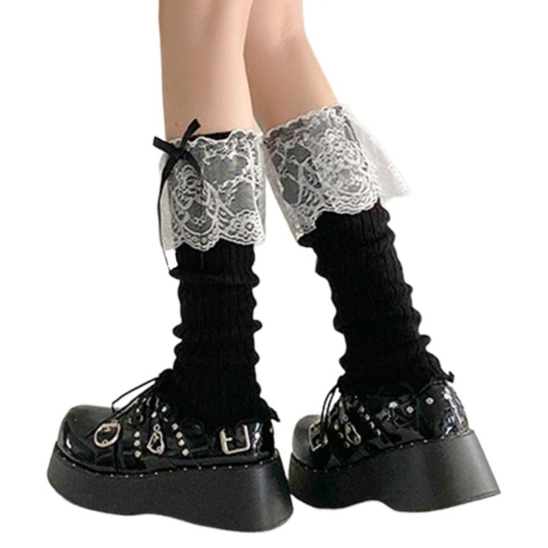 Elegant Ribbed Knit Stretch Leg Warmers Boot Cuffs Ruffled Lace Trim Bowknot Leg Cover Over Calf Long Socks for Women