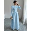 Europäisches und amerikanisches Herbst-Eleganz-Stepp-Fransenrand-Schmal geschnittene Jacke langes Kleid zweiteiliges Set