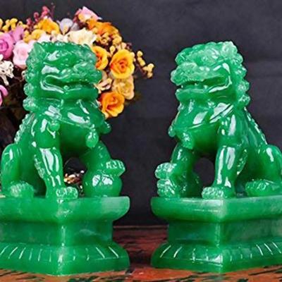 1 Paar Natuurlijke Groene Jade China Traditionele Beschermleeuw Beelden Handgesneden Foo Dogs Sculptuur Ambachten Huis Feng Shui Decor