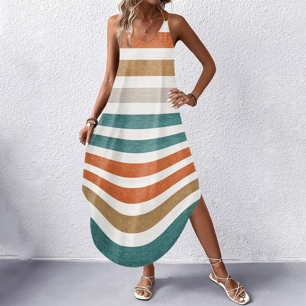 Women's Fashion Casual V-neck Sleeveless  Dresses Print Dresses Beach Long Dresses
