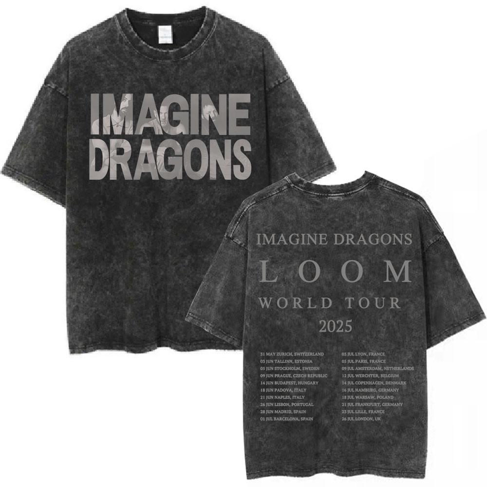 Imagine Dragons Band Loom World Tour Vintage Washed T Shirt Men Women Clothes Fashion Hip Hop Tshirt Cotton Loose Tshirts