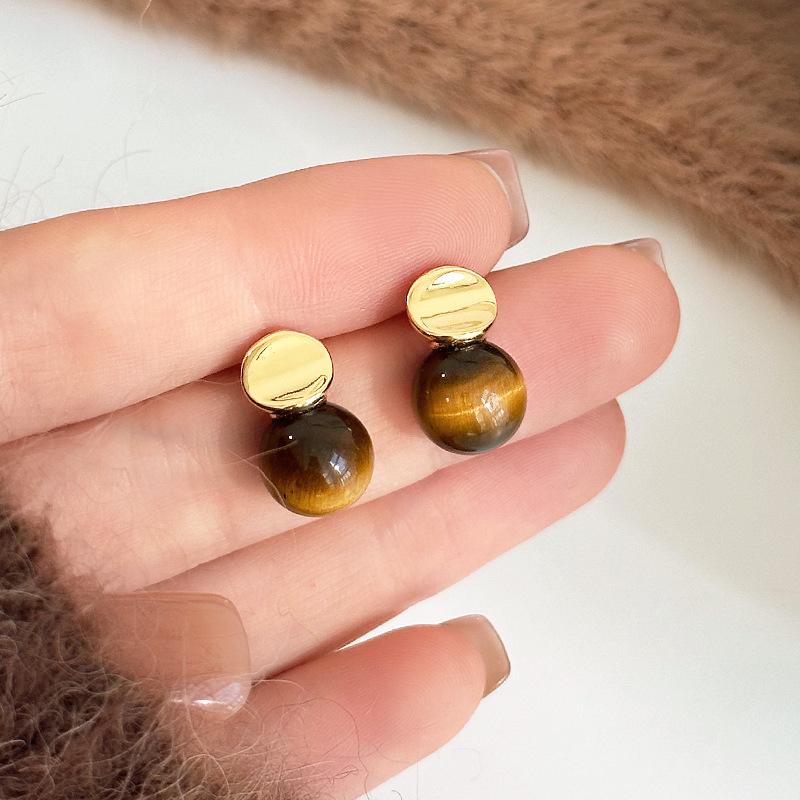 Autumn/Winter Tiger Eye Stone Stud Earrings: Luxe Retro Earrings for Women