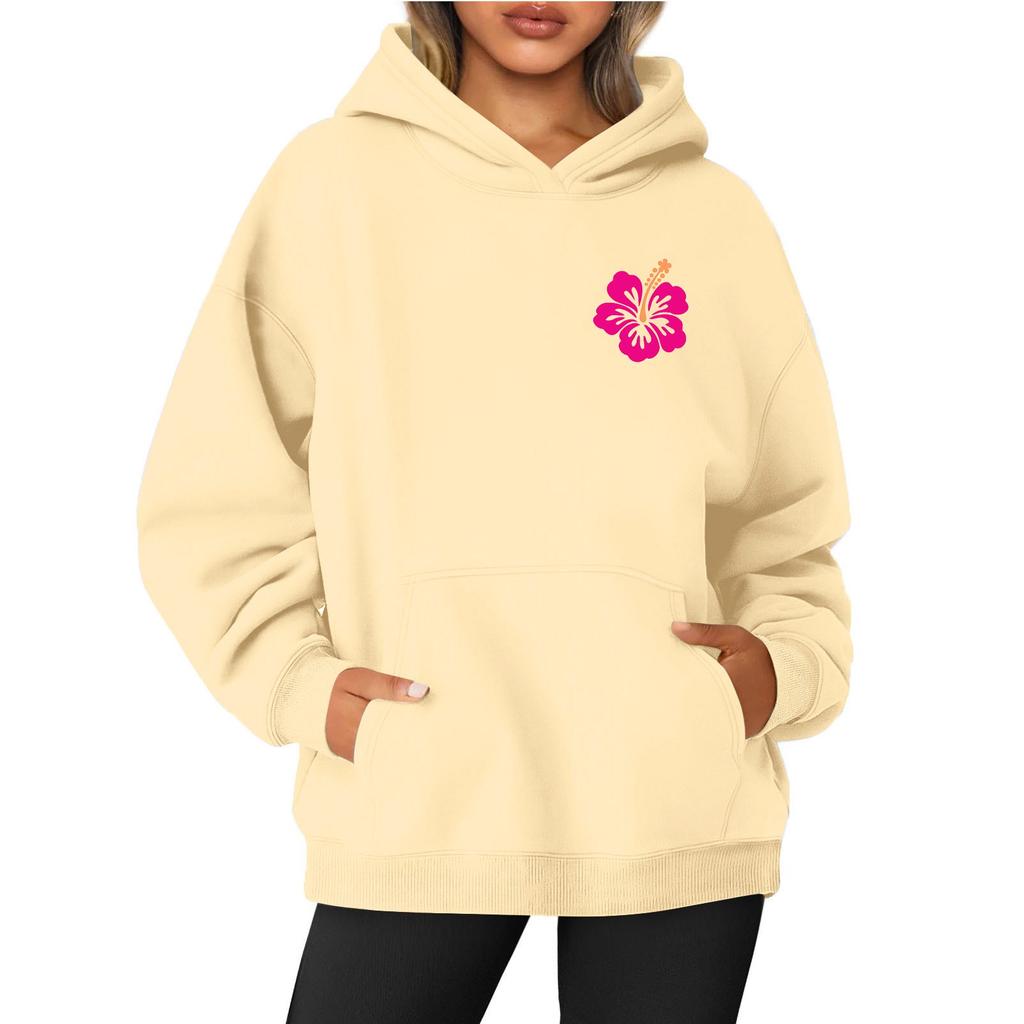 Damska bluza z kapturem i okrągłym dekoltem, długim rękawem i nadrukiem kwiatowym