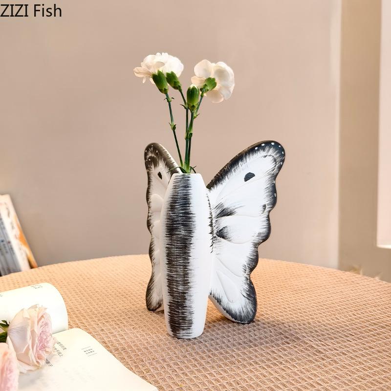 Kreative Dunkle Schmetterling Keramikvase Pflanzgefäße Tischdekoration Ornamente Blumenarrangement Blumenvase Raum Ästhetische Deko