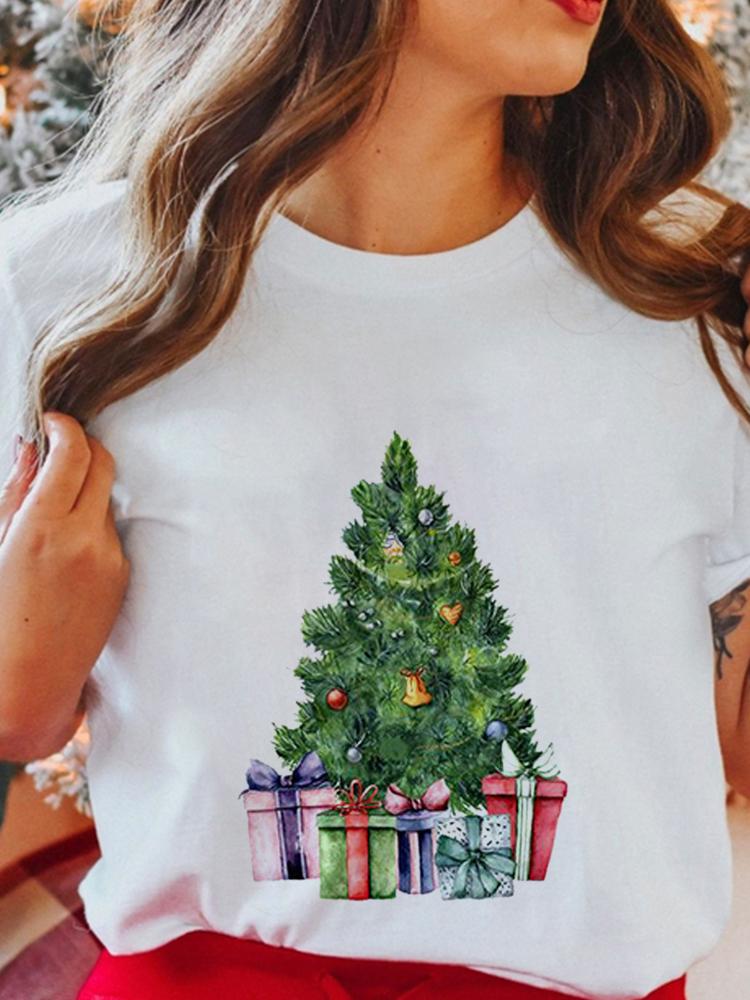 Women's Tops Christmas Short Sleeve Tees Female Summer Beach Funny Cartoon Santa Reindeer Printed T-Shirt Regular Graphic Female