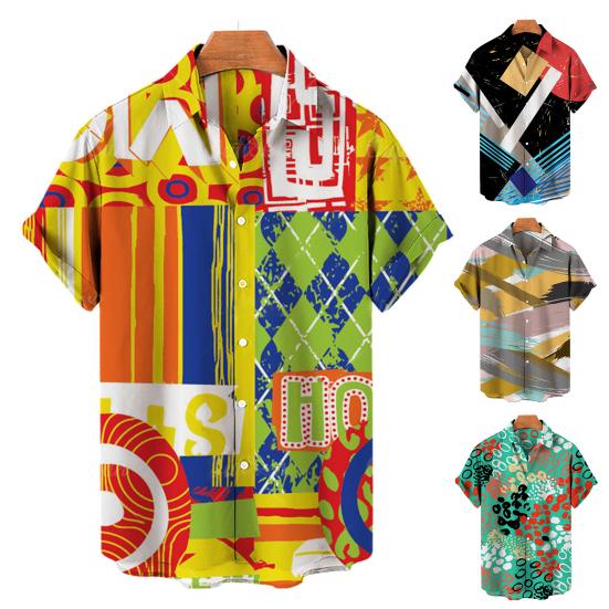 

Мужская рубашка Однобортный кардиган с яркими пуговицами Индивидуальный отложной воротник Насыщенные цвета Граффити с принтом с короткими рукавами Пляжные топы Уличная одежда