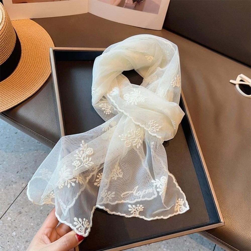 Versatile Retro Women's Lace Scarf Long Korean Version Sunscreen Shawl Floating Embroidery Flower Solid Color Silk Scarf