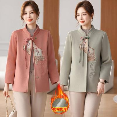Winter Woolen Jacket New Middle-aged and Old Women's Clothing with Cotton Embroidery Fashion Woolen Tops and Clothes