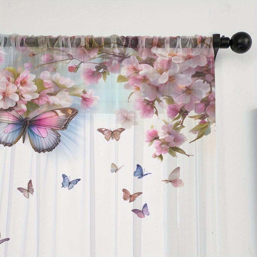 2PCS Digital Print Sheer Curtain, Butterfly Shadows Among Cherry Blossoms Pattern, Elegant Mysterious Japanese Floral Decor