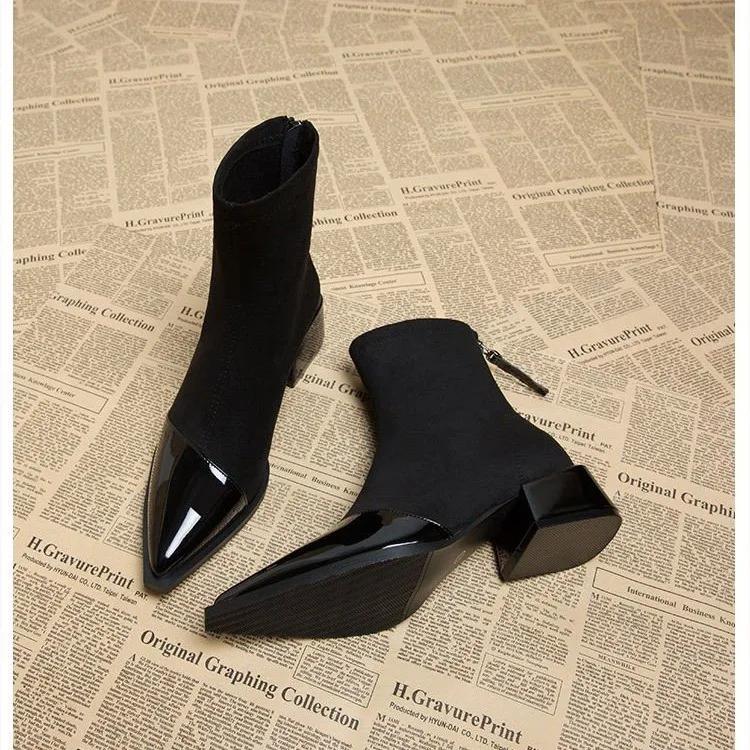 Fashion Ankle Boots for Women Pointed Toe Square Heel Outdoor Soild Concise Office Lady Patchwork Boots Autumn Large Size Full Size 2024