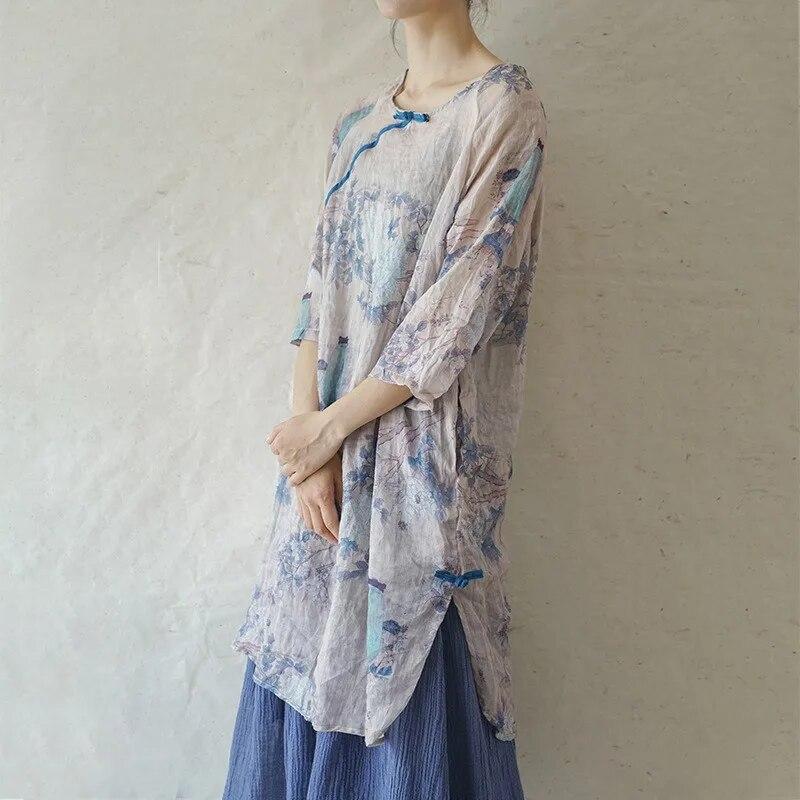 Johnature Damen Vintage Shirts O-Ausschnitt Halbarm Print Blumenblusen Frühling Hochwertige Damen Mittellanges Hemd