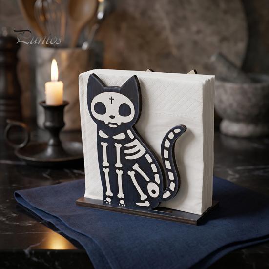 Halloween Kitchen Decor Wooden Napkin Holder, Skeleton Black Cat Gnome Tissue Storage Rack, Cute Counter Accessories Cartoon Tabletop Decorative