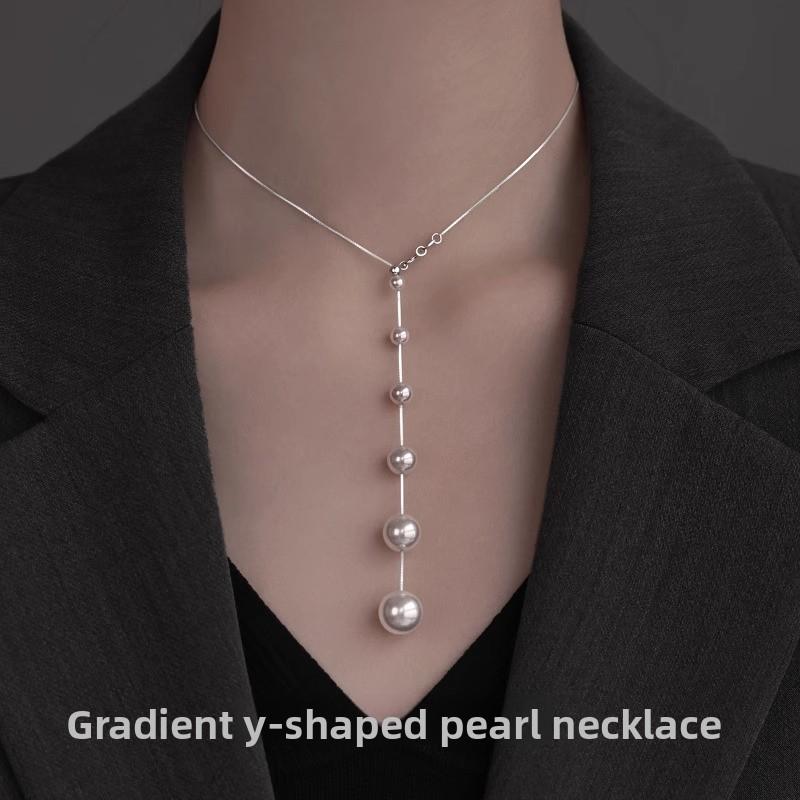 925 Sterling Silver Shijia Gradual Change Y Word Pearl Necklace Female Versatile Niche High Sense A Multi-wear Pearl Collarbone Chain