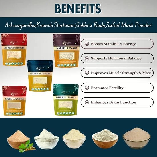 Brijbooti Safed Musli - Ashwagandha - Kaunch - Shatavari - Gokhru Bada (Powder) 100 Gr Each