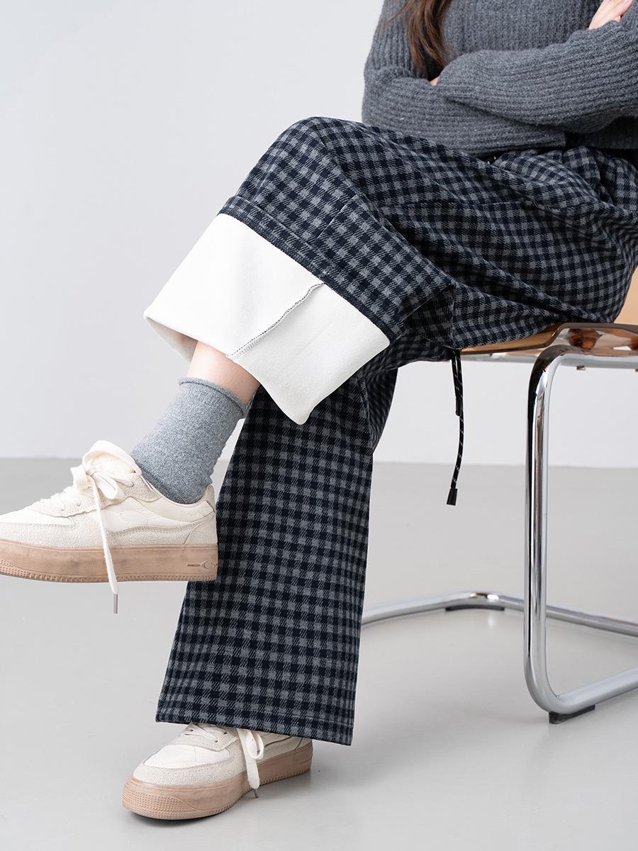 

Унисекс Ретро Клетчатые Брюки Прямого Кроя из Ворсованного Флиса - Теплые, Свободные и Стройнящие для Осени/Зимы Medium