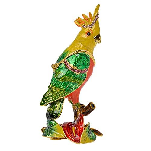 

FJ FENGZHIJIE Trinket Box with Hinged Parrot Bird Figurine, Golden Crystal Enamel Cocktail Home Decor, Bird Lover Gift