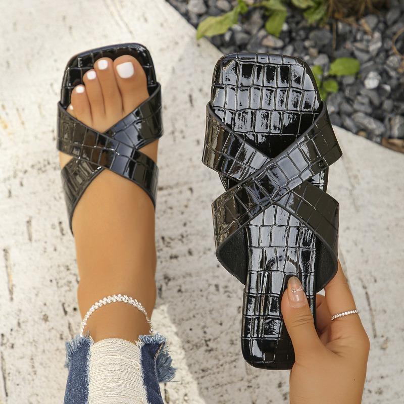 Wind large size solid color summer new square head cross one-word fashion women's flat slippers