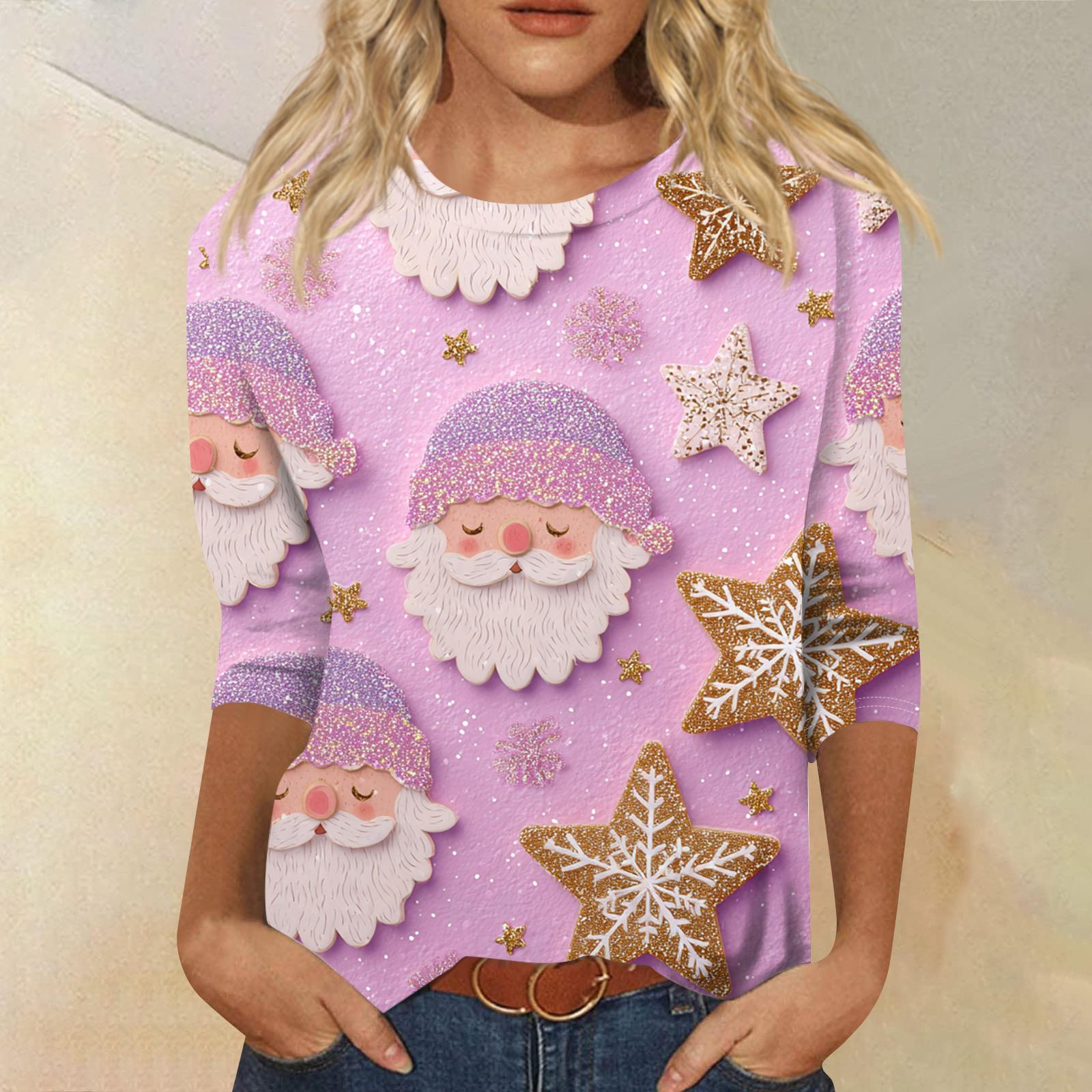 

Женская модная повседневная футболка с круглым вырезом и рукавом три четверти с рождественским принтом XXXL