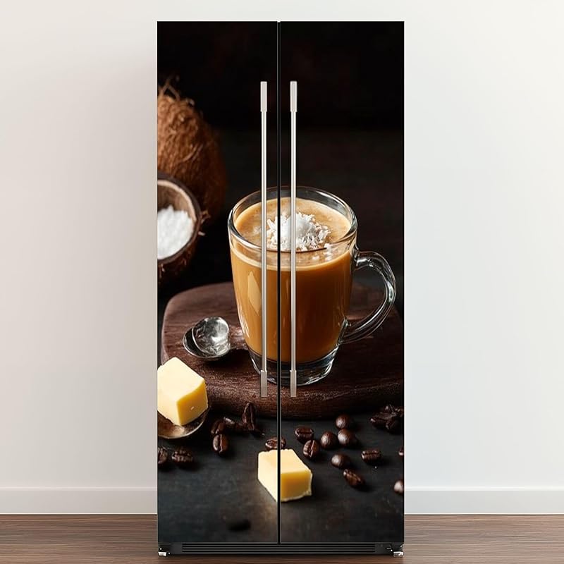Self Adhesive Vinyl Refrigerator Wrap Breakfast Waffles Cream Caramel Syrup Coffee Door Mural Sticker Peel and Stick Removable Door Cover Fridge Wrap 32.3 x78.7