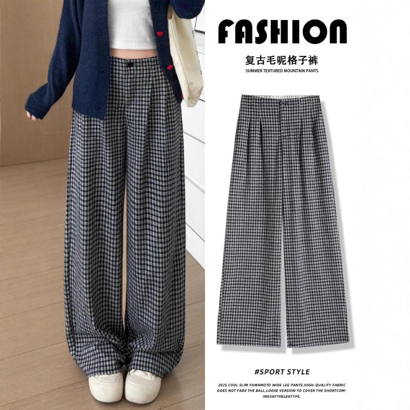 Small black plaid pants women's new autumn straight wide legs loose drape lazy loose pants