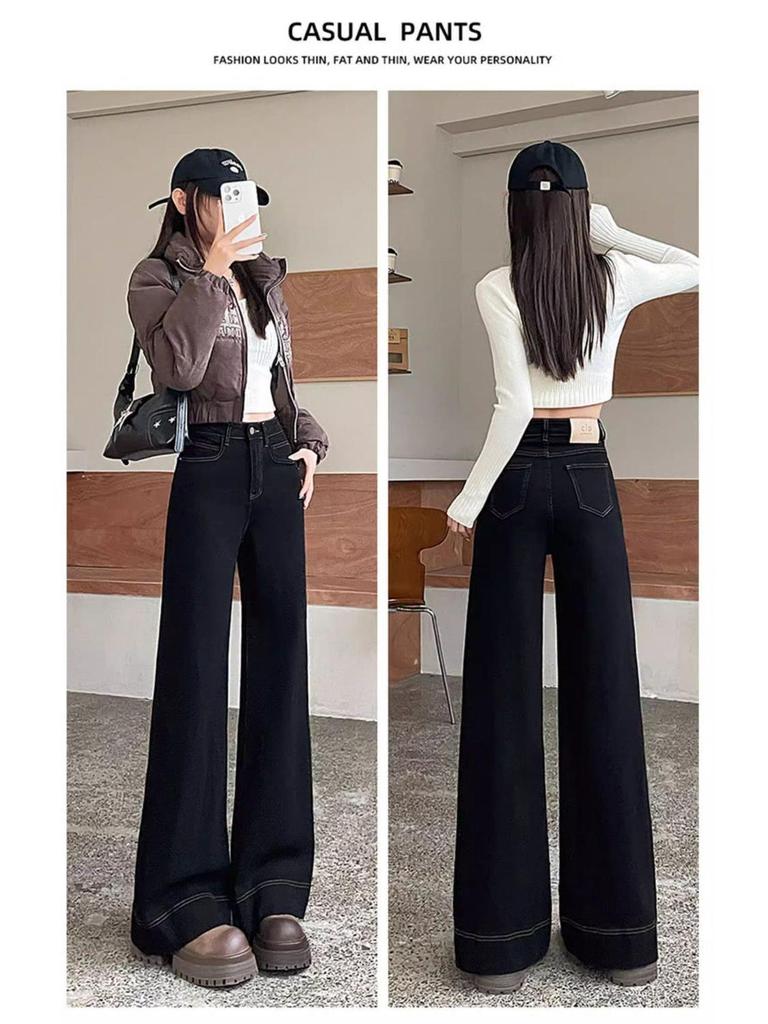 Autumn Winter 2025 High-Waist Black Jeans: Women's Slimming Loose Wide-Leg Pants