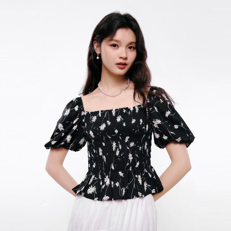 Qiushui Yiren Floral Chiffon Square Neck Blouse S
