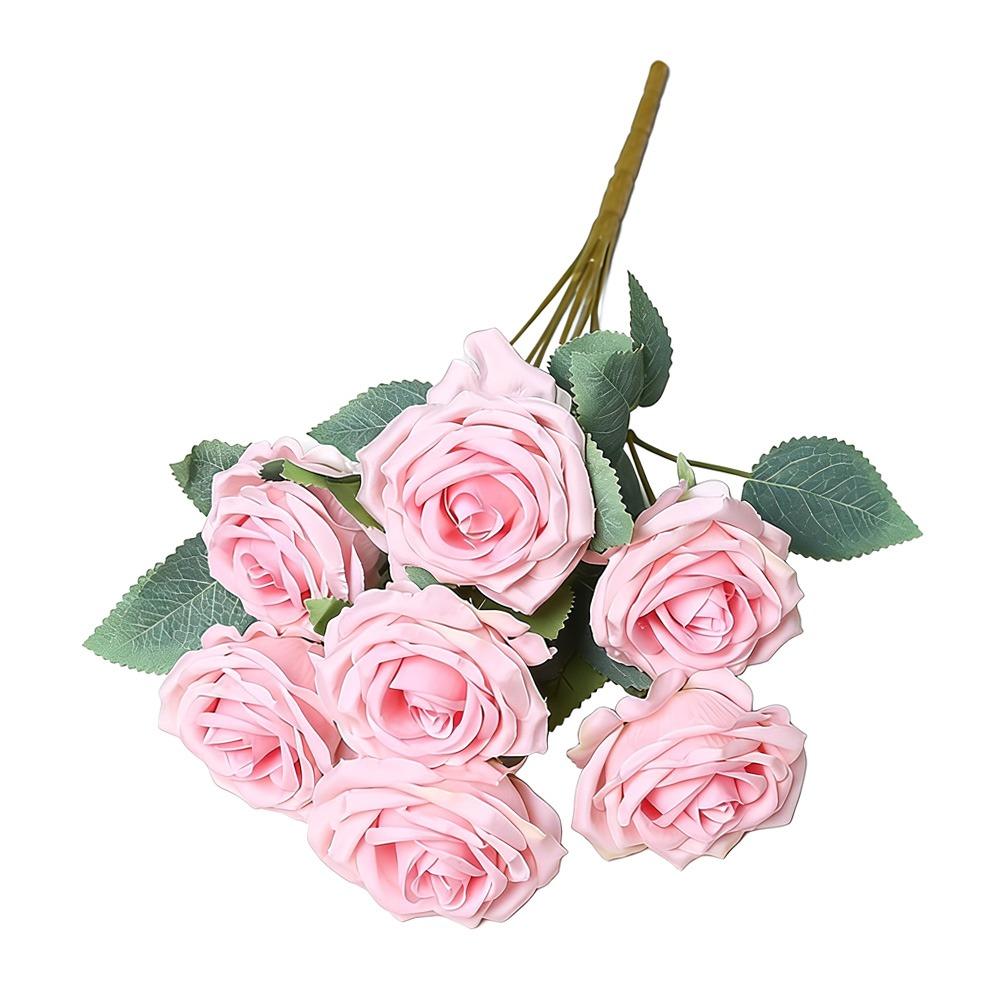 7 Heads Rose Artificial Flower Multicolor Green Leaves Faux Flower Photo Props Rolled Edge Simulation Rose Flower